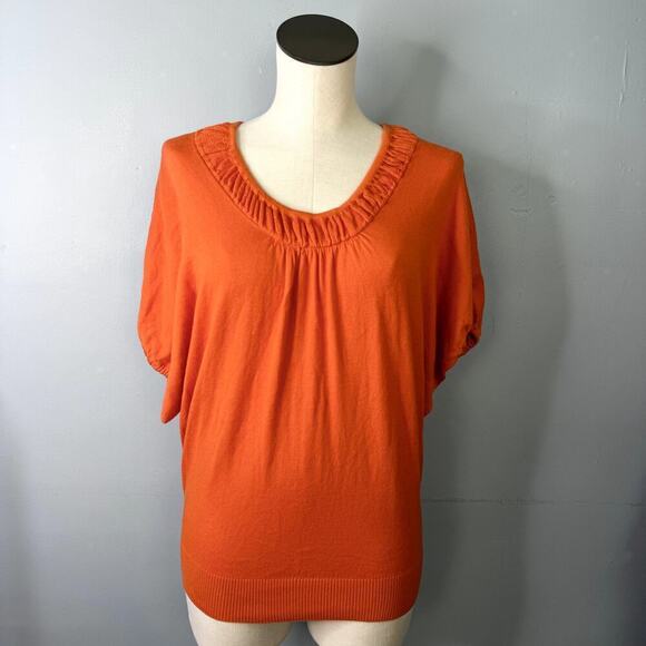 Anthro Moth Pullover Dolman Batwing Orange Silk Blend Short Sleeve Sweater Sz M - Picture 1 of 11